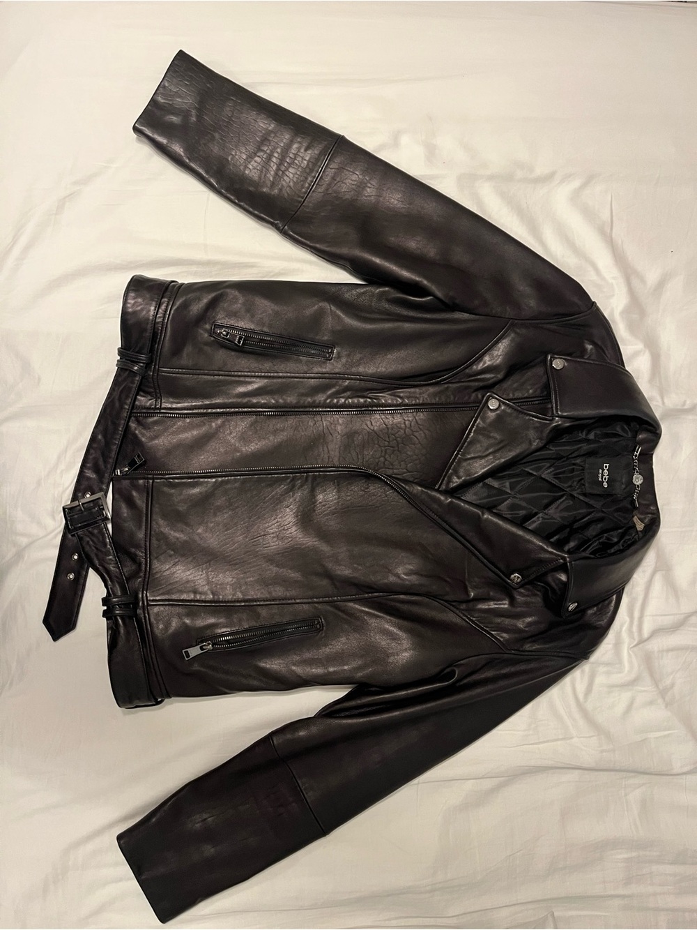 Women's bebe Black Leather Moto Jacket with Belt